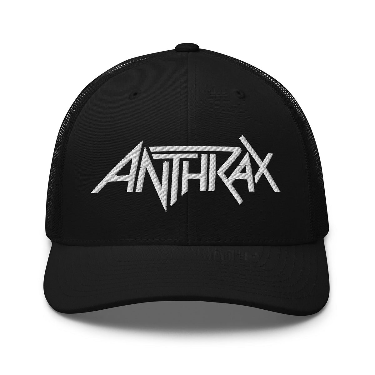 Merch Moment - Anthrax - White on Black Trucker HD Embroidered Hat -