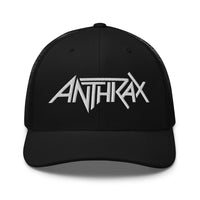 Merch Moment - Anthrax - White on Black Trucker HD Embroidered Hat -