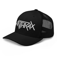 Merch Moment - Anthrax - White on Black Trucker HD Embroidered Hat -
