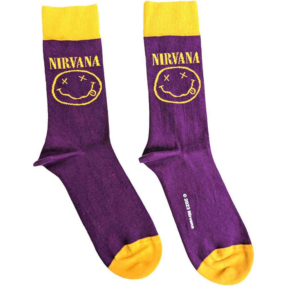 Nirvana - Yellow Happy Face - Socks Purple