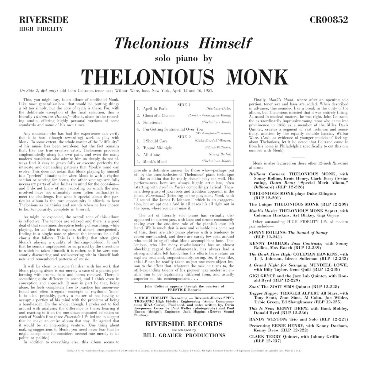 Thelonious Monk - Thelonious Himself (Original Jazz Classics Series) (180 Gram Vinyl) - Vinyl